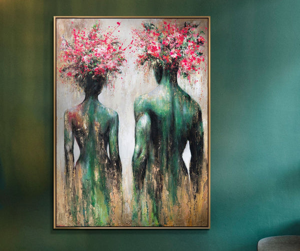 Modernes Leinwandbild „Blumensilhouetten“ – Abstrakte Kunst mit Goldrahmen