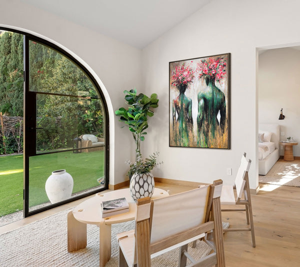 Modernes Leinwandbild „Blumensilhouetten“ – Abstrakte Kunst mit Goldrahmen