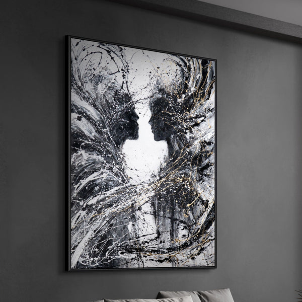 Monochromes Acrylbild mit Rahmen „Zwei Gesichter“ – emotionale Wandkunst auf Leinwand