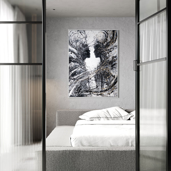 Abstrakti taulu kehyksillä "Kahdet kasvot" – monokromaattinen canvas taulu täynnä tunnetta