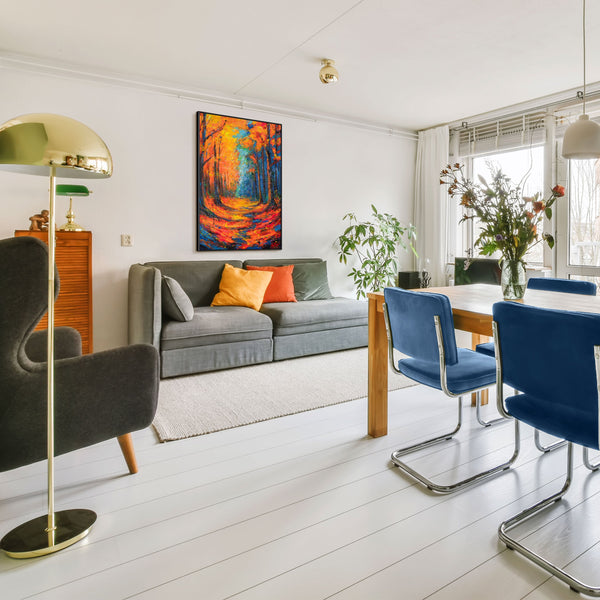 Luontoaiheiset taulut – kangastaulu kehyksillä "Hehkuvat polut syyssalossa" - Värikäs maalaus tekstuurilla