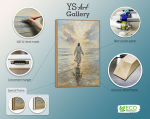 Käsinmaalattu uskonnollinen taulu “Tie valoon” – Hengellinen seinätaide Jeesuksesta merellä