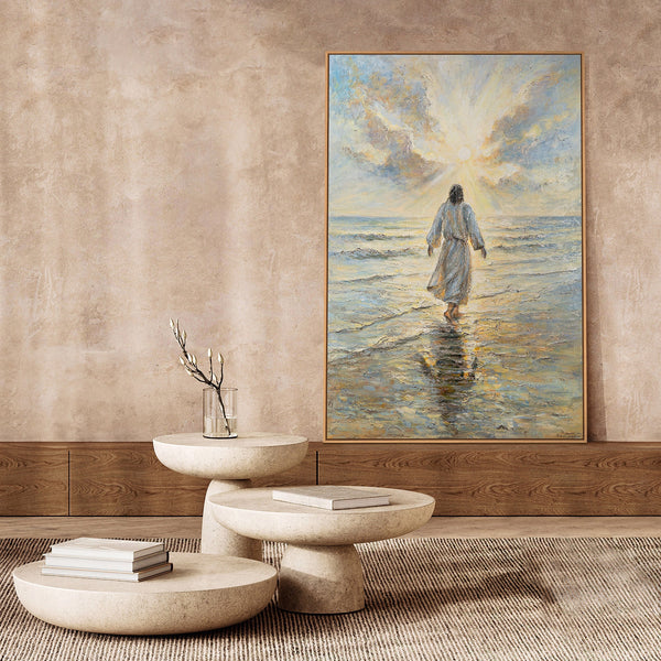 Käsinmaalattu uskonnollinen taulu “Tie valoon” – Hengellinen seinätaide Jeesuksesta merellä