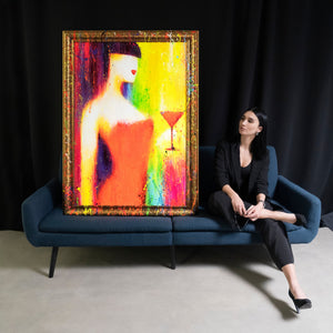 Abstrakte Gemälde Leinwand mit Rahmen Bild abstrakt bunt "Die Frau mit dem Glas"
