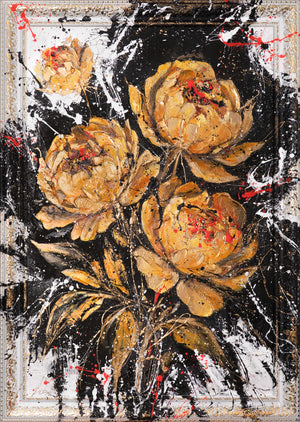 Handgemaltes Acrylbild mit Goldblumen – Wand Kunst Dekor "Samtiger Glanz"