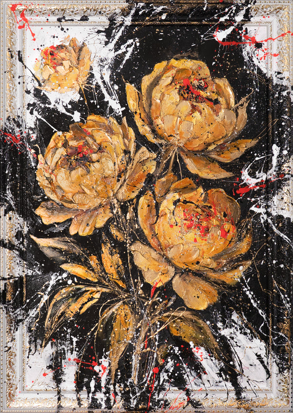 Handgemaltes Acrylbild mit Goldblumen – Wand Kunst Dekor "Samtiger Glanz"