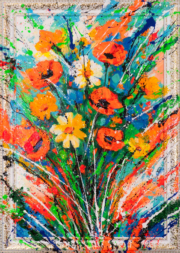 Abstraktes Blumenbild – Handgemaltes Leinwandbild „Wärme der Blütenblätter“