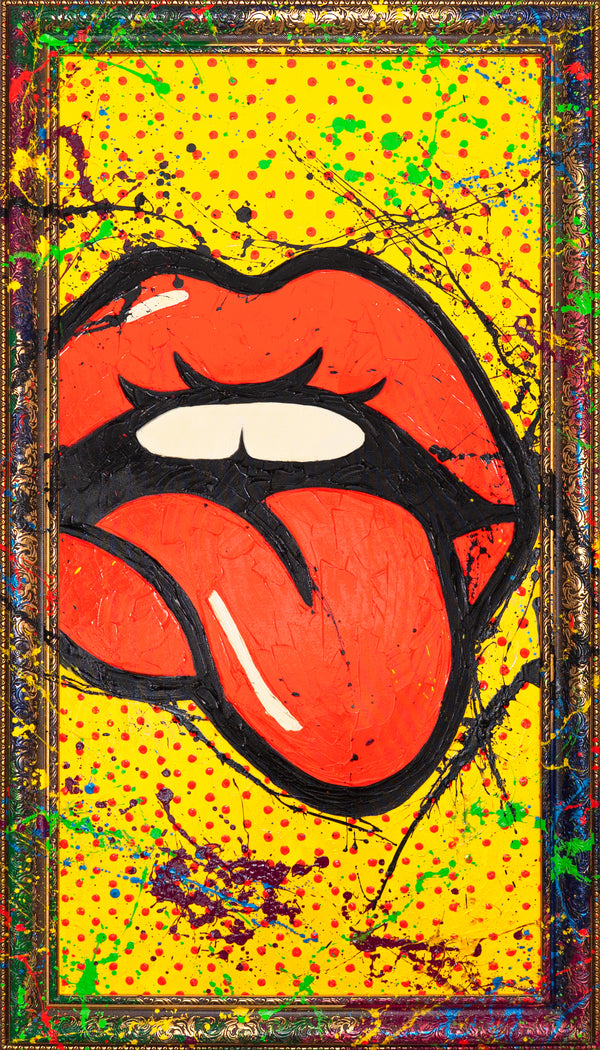 Handgemaltes Wandbilder Wohnzimmer – Abstrakte Kunst mit Pop-Art Mund „WOW“