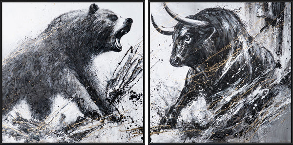 Abstrakte Acrylmalerei Bulle und Bär Schwarz Gold Bilder