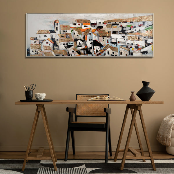 Abstraktes Gemälde Beige Schwarz Acryl Stadtlandschaft Kunst