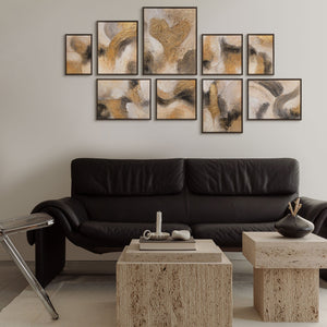 luxus-bilder-wohnzimmer-modern-gold-schwarz-9er-set-galeriewand-ueber-sofa-handgemalt