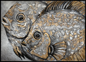 Handgemaltes Wandbild Fisch Struktur Grau Gold