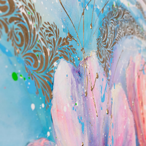 Pastellfarben Blau Rosa abstrakte Blumenmalerei Detail