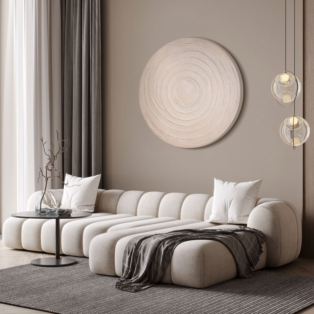 Runde Wandkunst beige handgemalt minimalistisch